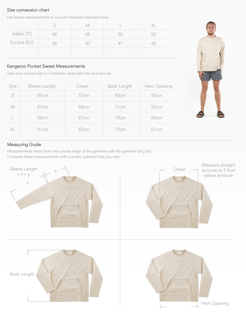 Size chart for Kangaroo Pocket Sweat