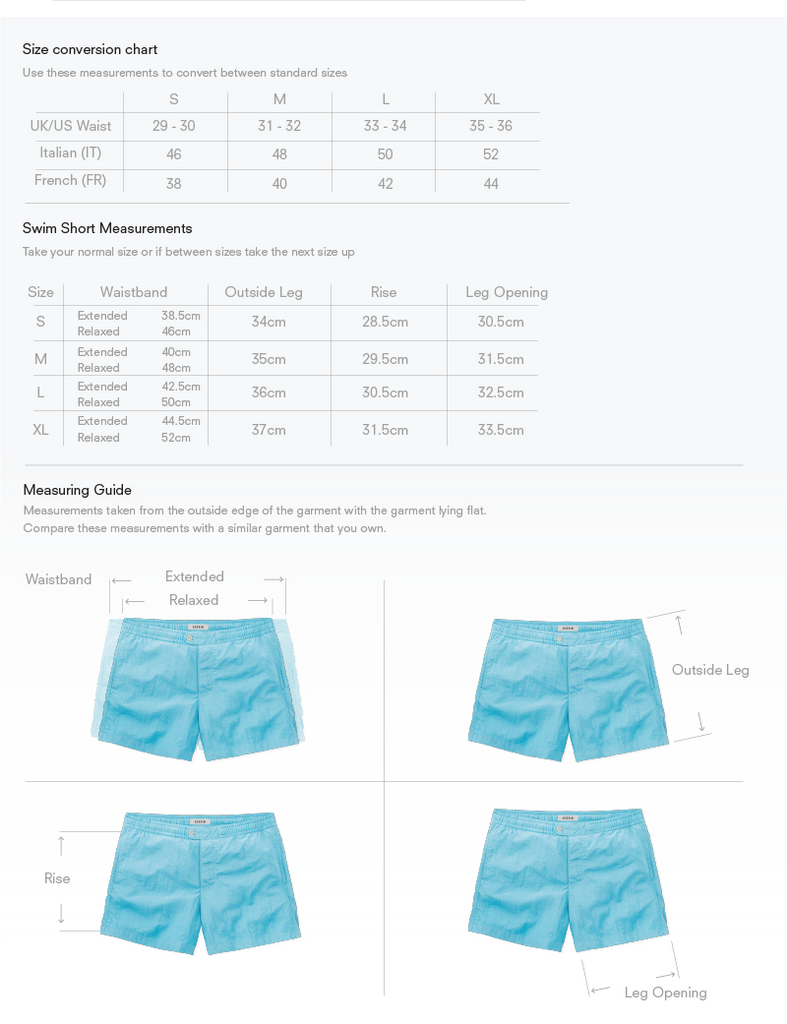 Size chart for Button Fly Swim Short