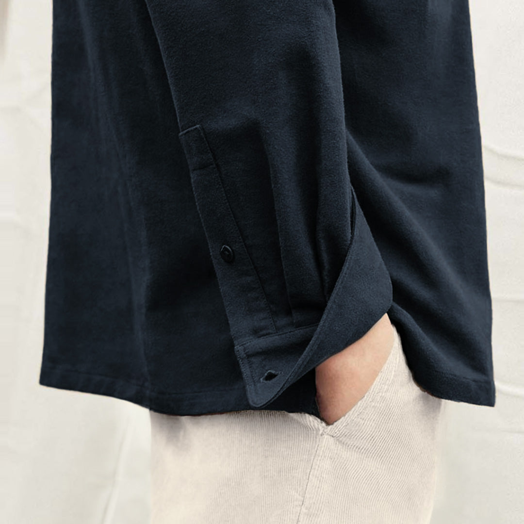 Close-up texture detail of Kerrin flannel shirt fabric, highlighting the premium 180gsm Japanese cotton flannel weave and quality construction with reinforced seams