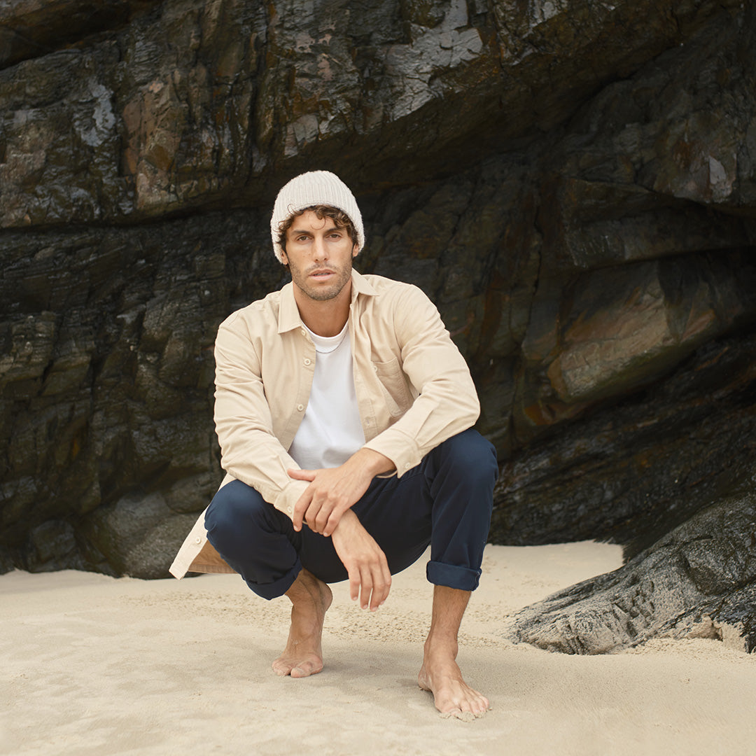 Kerrin flannel shirt styled in natural outdoor setting, showcasing its versatility as both a standalone piece and layering option. Australian-designed with Japanese cotton for durability and comfort