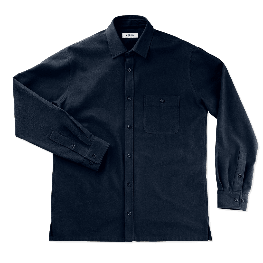 Kerrin flannel shirt in navy color, front view showing relaxed fit, natural corozo buttons, and straight hem with side splits. Made from 100% Japanese cotton