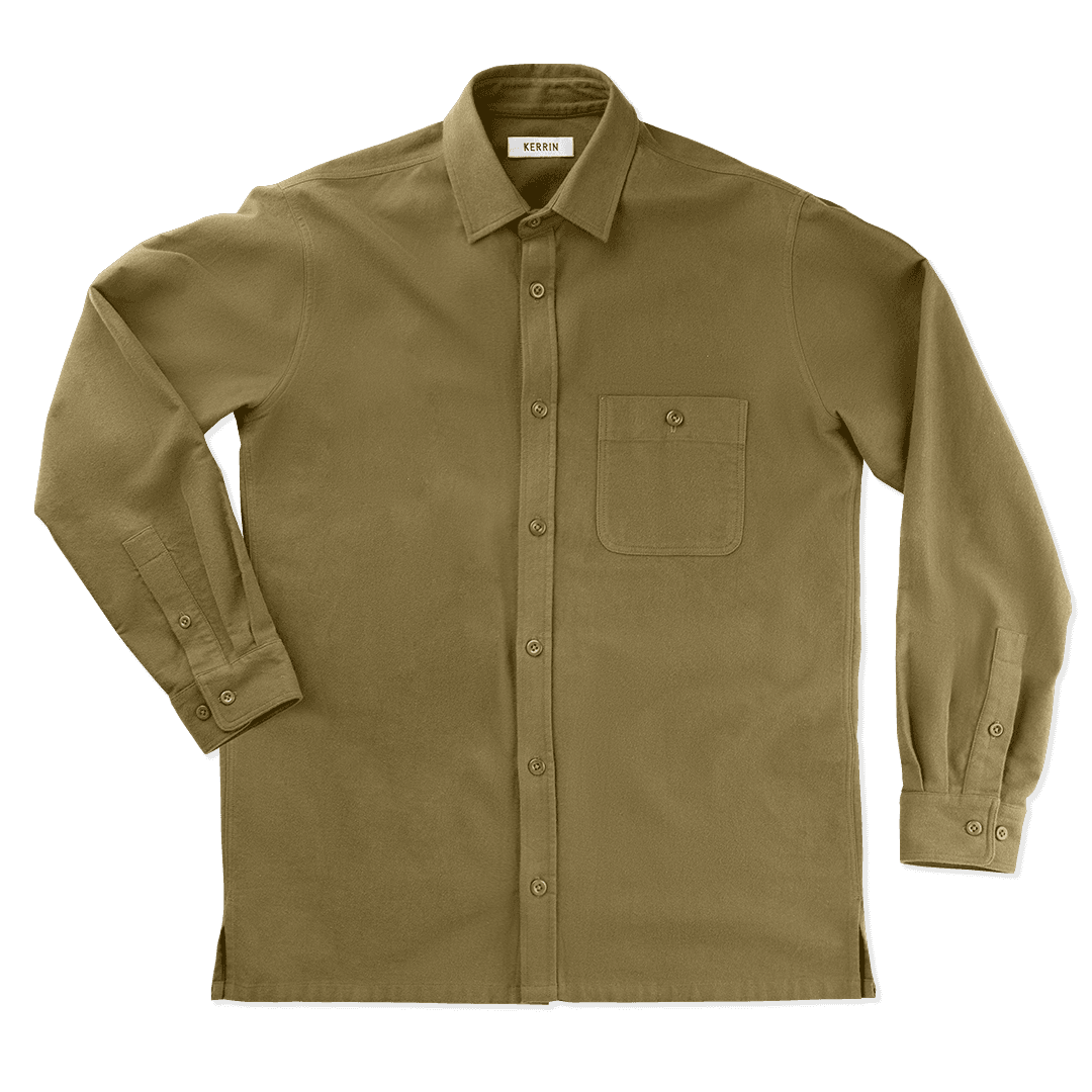 Kerrin flannel shirt in olive color, front view showing relaxed fit, natural corozo buttons, and straight hem with side splits. Made from 100% Japanese cotton