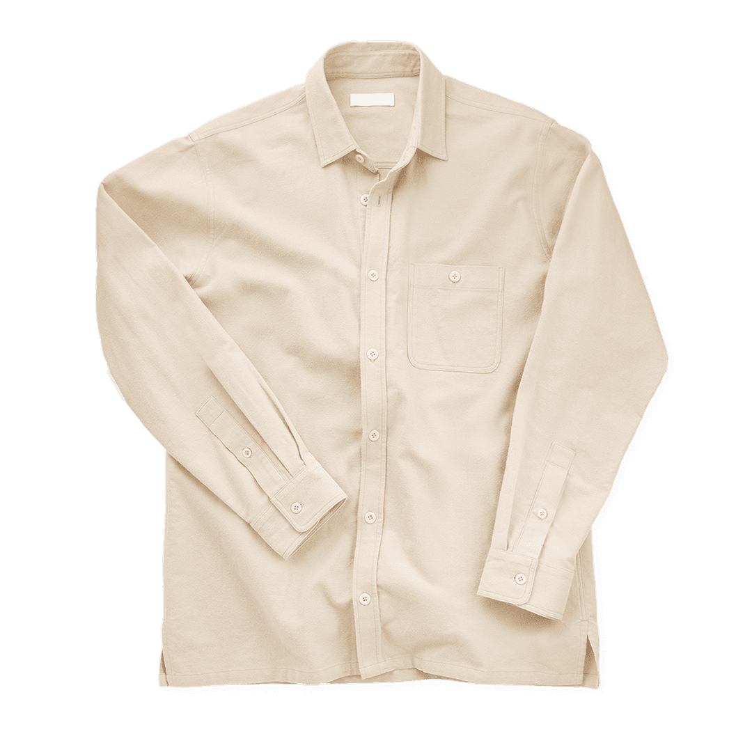 Kerrin flannel shirt in sand color, front view showing relaxed fit, natural corozo buttons, and straight hem with side splits. Made from 100% Japanese cotton