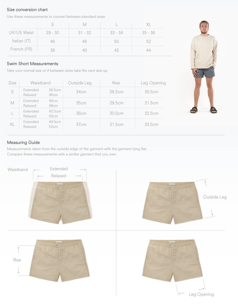 Size chart for Button Fly Swim Short