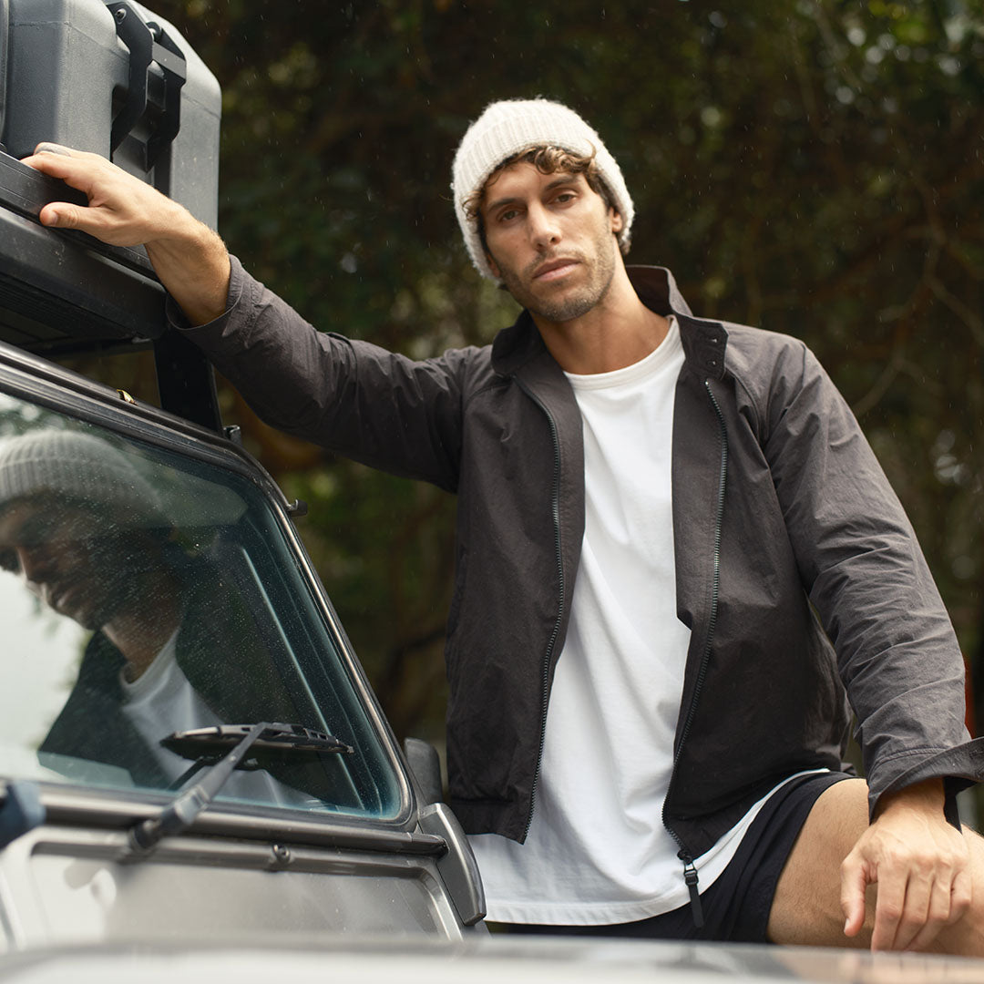 Model wearing Kerrin Breezebreaker jacket in Vintage Black, showing standard fit